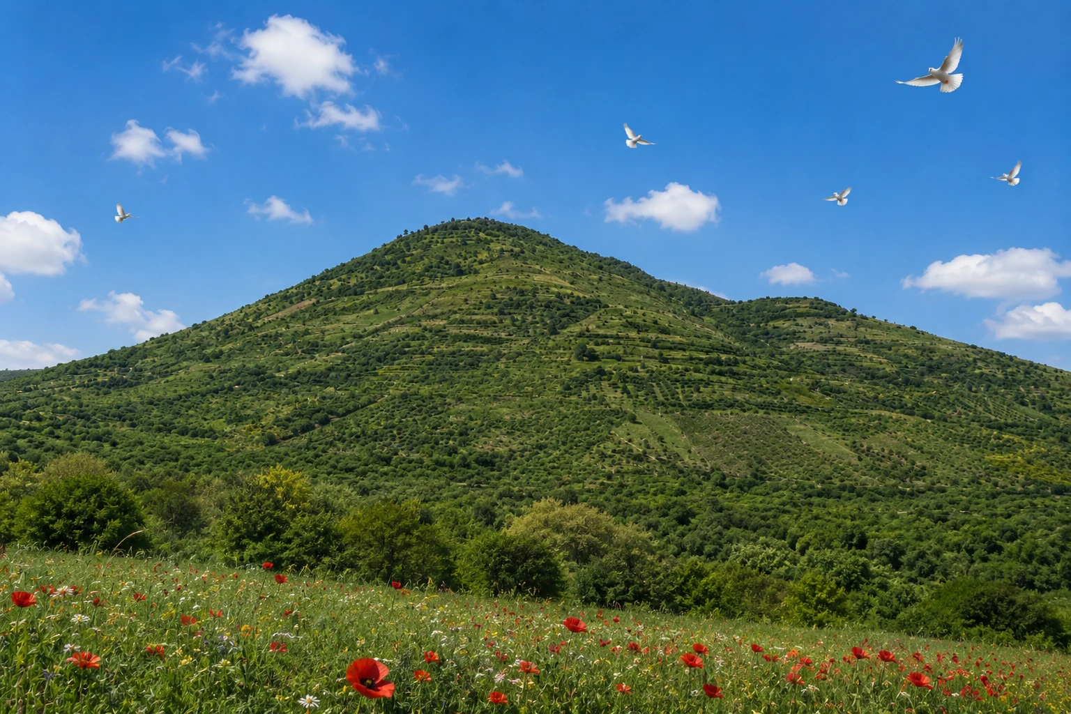 A green mountain under a blue sky, with doves flying above a wildflower meadow